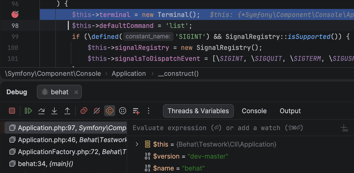 A PHP Debugger session paused on a breakpoint in an IDE