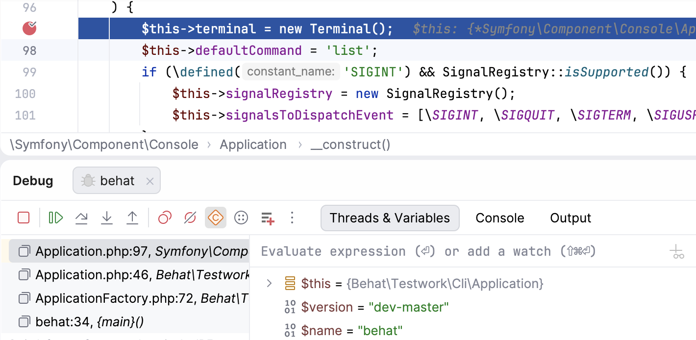 A PHP Debugger session paused on a breakpoint in an IDE
